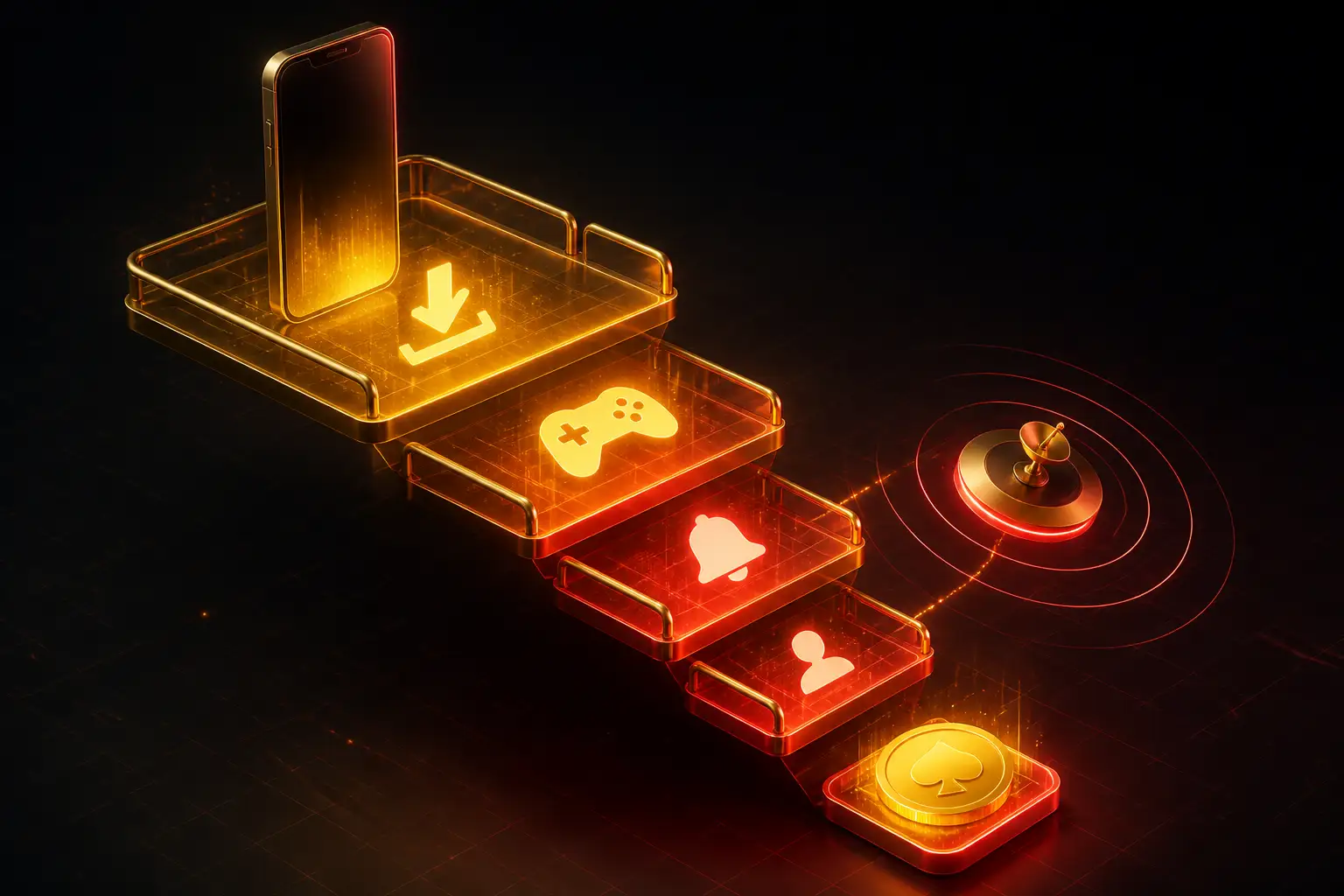 Gaming app onboarding funnel from download to first deposit with push engagement